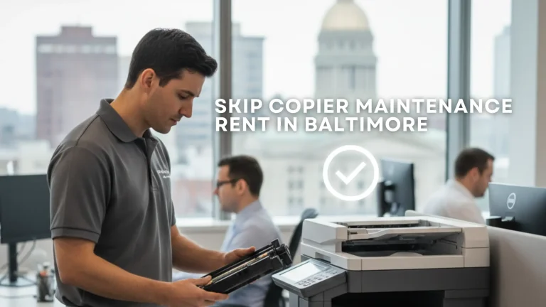 Commercial copier in a Baltimore office showing technician support and all-inclusive rental service, eliminating the need for in-house maintenance.