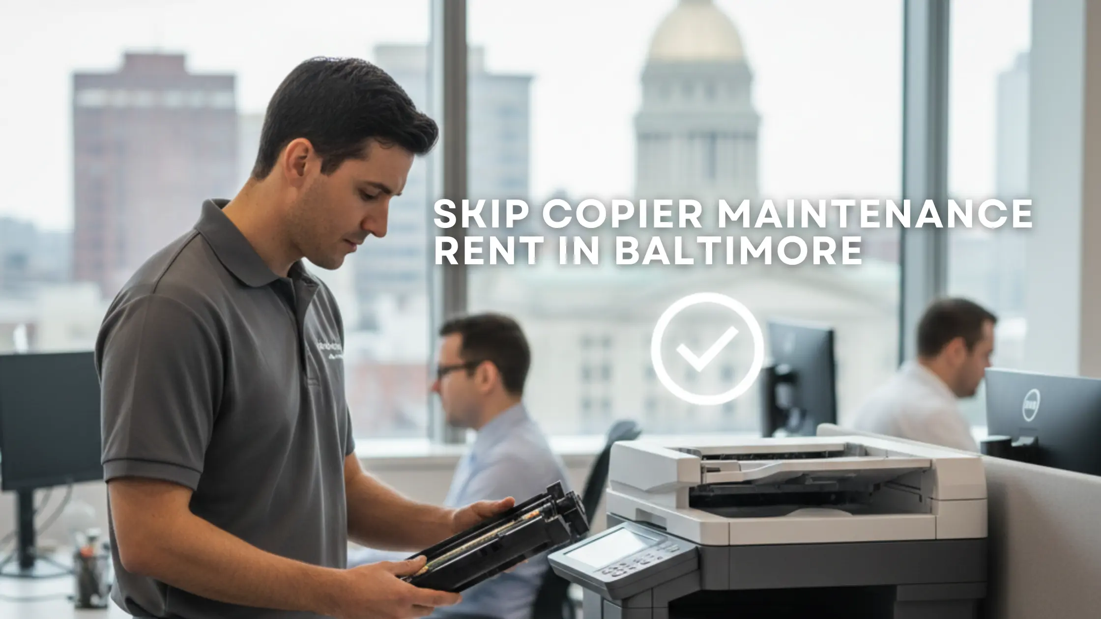 Commercial copier in a Baltimore office showing technician support and all-inclusive rental service, eliminating the need for in-house maintenance.