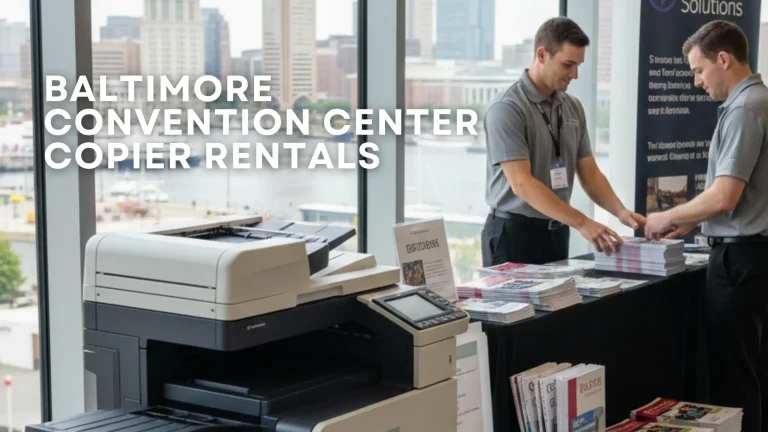 High-speed copier set up in a Baltimore Convention Center exhibitor booth, surrounded by event materials to show its importance for trade show printing needs.