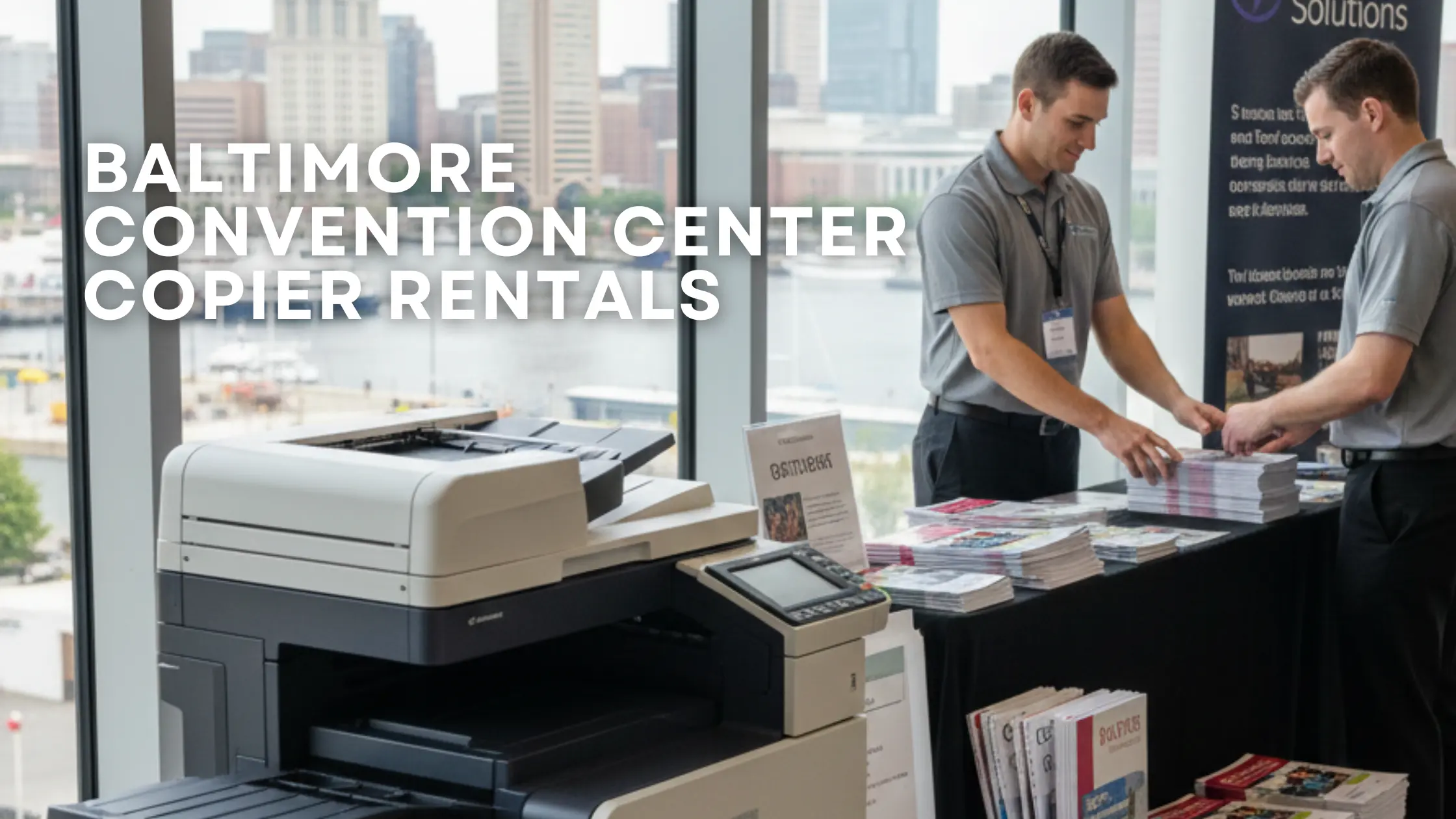 High-speed copier set up in a Baltimore Convention Center exhibitor booth, surrounded by event materials to show its importance for trade show printing needs.