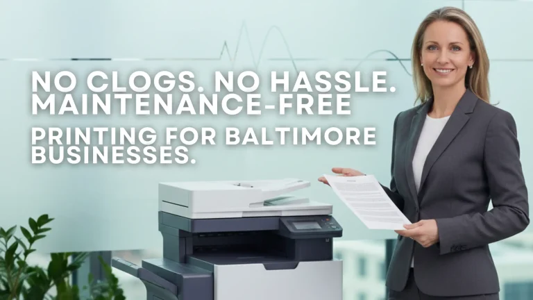A smiling professional woman in a grey suit holds a stack of clean, crisp papers next to a modern, high-volume multifunction printer in a bright office. The background features a frosted glass wall with subtle line graphics (resembling print waves or data flow) and a distant city skyline with a domed building, emphasizing hassle-free, reliable printing solutions for Baltimore businesses.