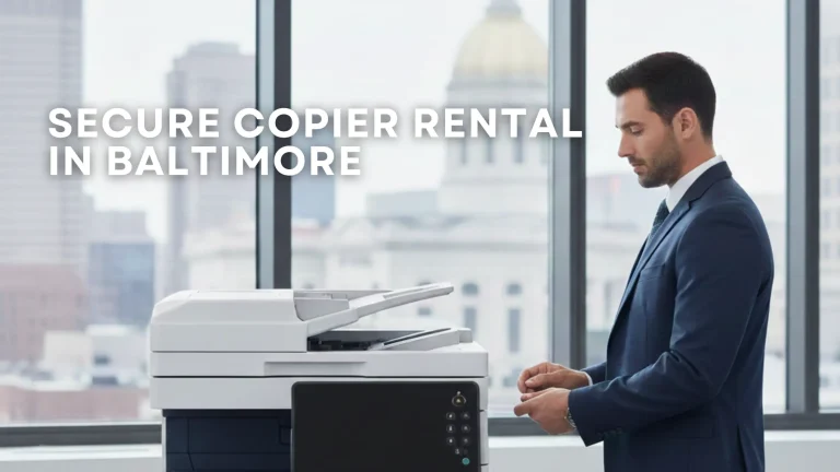 Commercial copier in a Baltimore office with visual security elements, representing encrypted data, secure print release, and compliance-ready features.