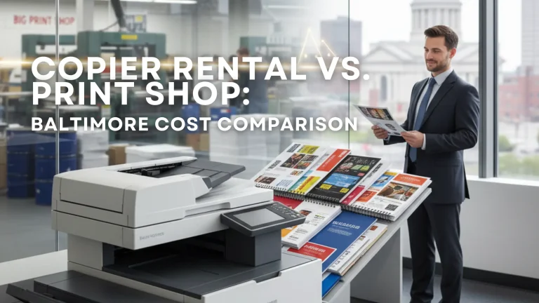 High-volume copier printing project materials inside a Baltimore office, contrasted with a busy commercial print shop to show cost and workflow differences.
