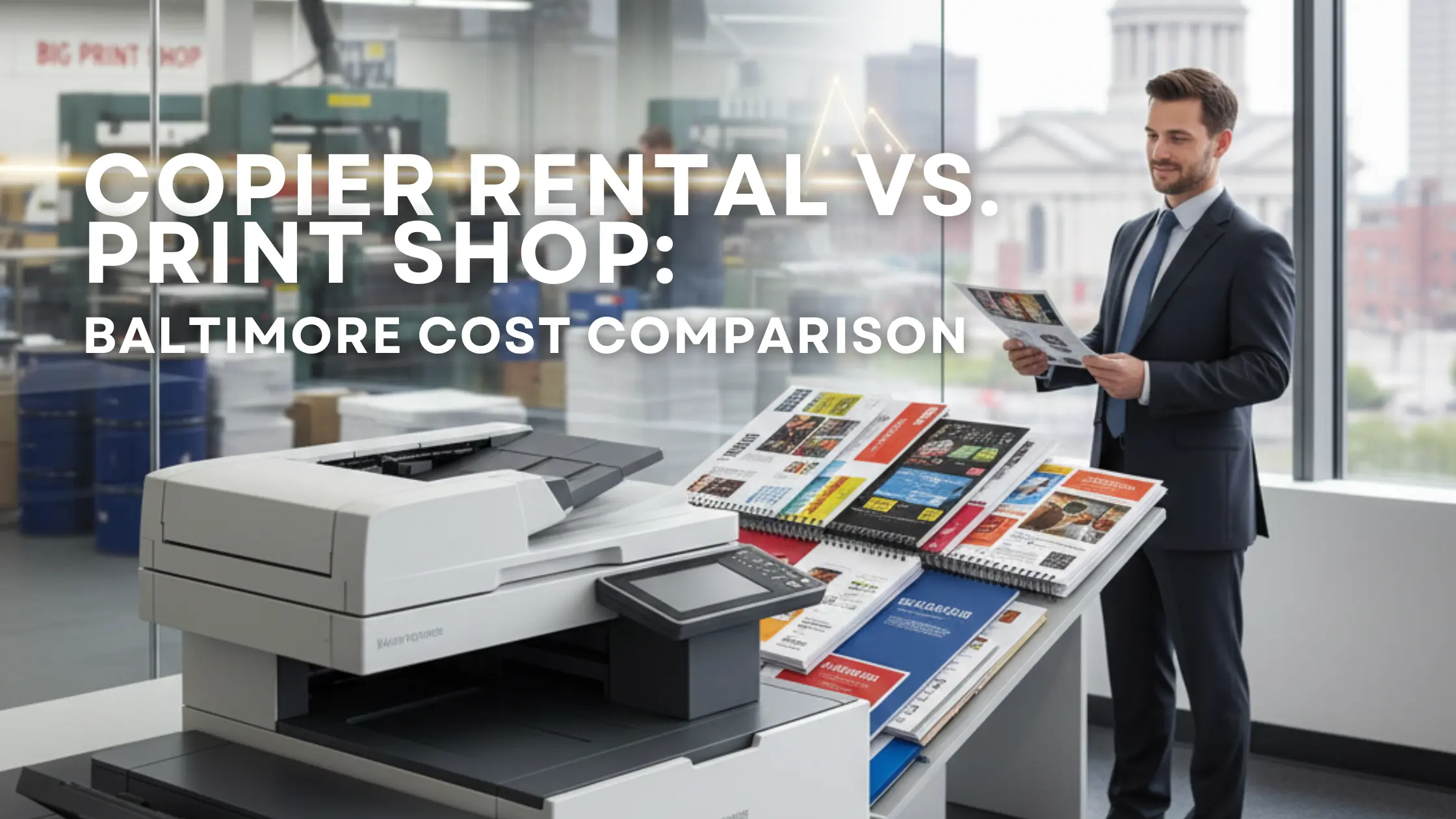 High-volume copier printing project materials inside a Baltimore office, contrasted with a busy commercial print shop to show cost and workflow differences.