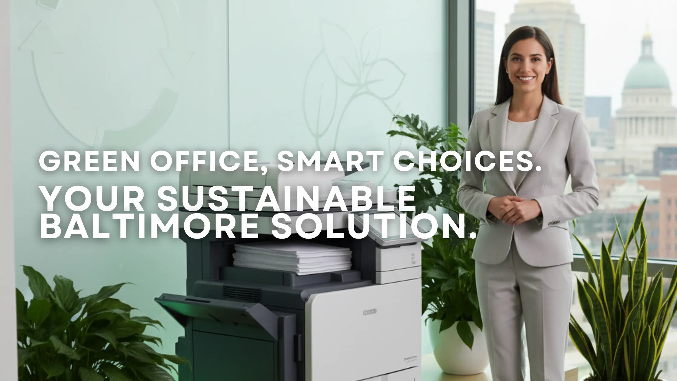 A smiling professional woman in a light gray suit stands in a modern, brightly lit office next to a large, commercial multifunction printer. The background features a frosted glass wall with a prominent recycling symbol and leaf graphic, along with several vibrant green office plants. Through the large window, a city skyline with a domed building is visible, conveying a sense of sustainability and efficiency in an urban business environment.
