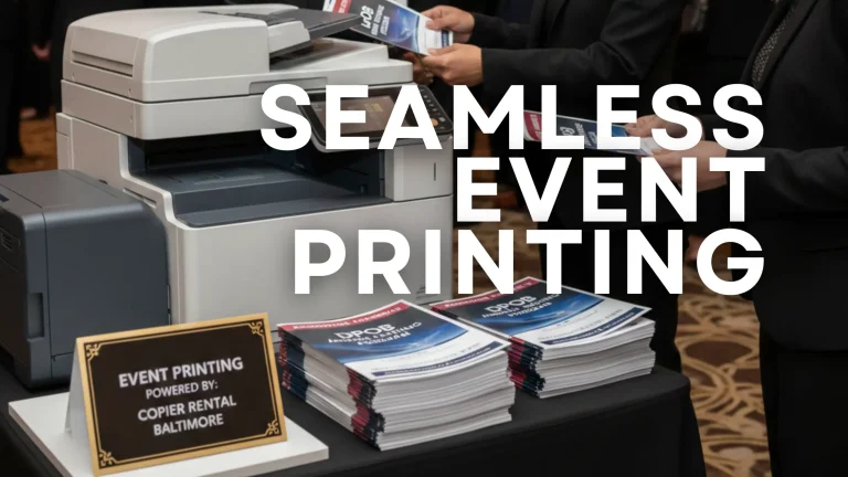 Event staff using a rented copier (branded Clear Choice Technical Services) to print materials at a large Baltimore event.