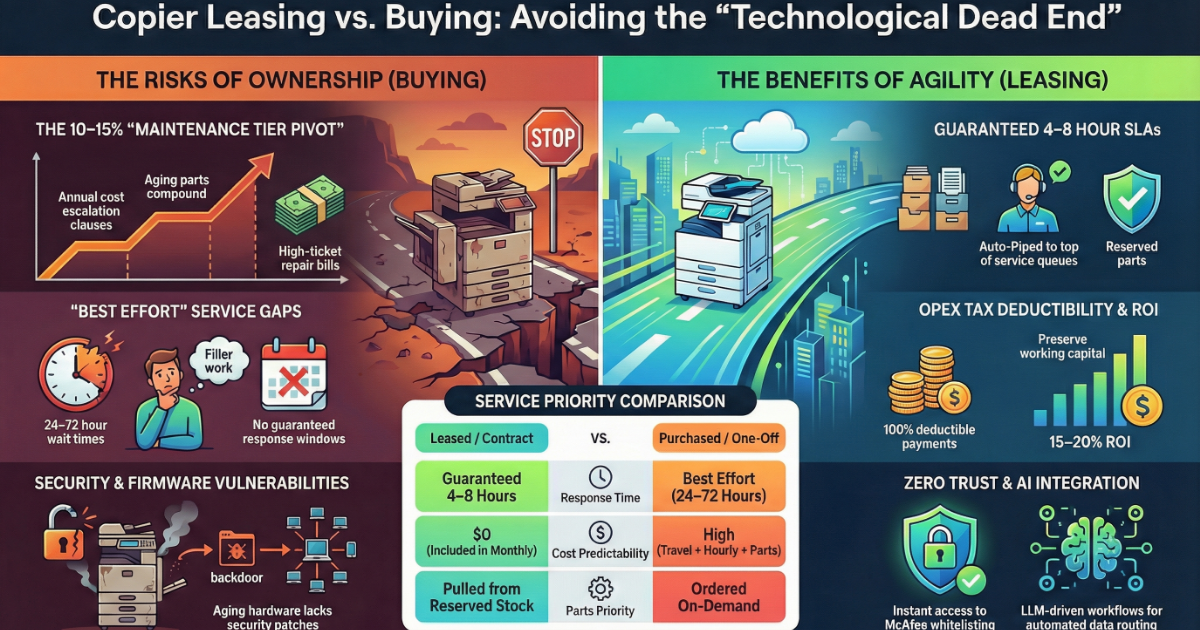 Infographic for Baltimore businesses comparing copier ownership risks like 15% cost escalation versus leasing benefits like 4-8 hour SLAs.