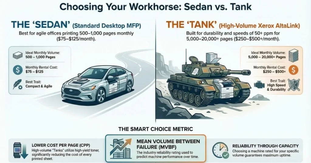 A visual comparison for Baltimore business owners between compact desktop MFPs and high-volume Xerox AltaLink "tanks" based on monthly page volume.