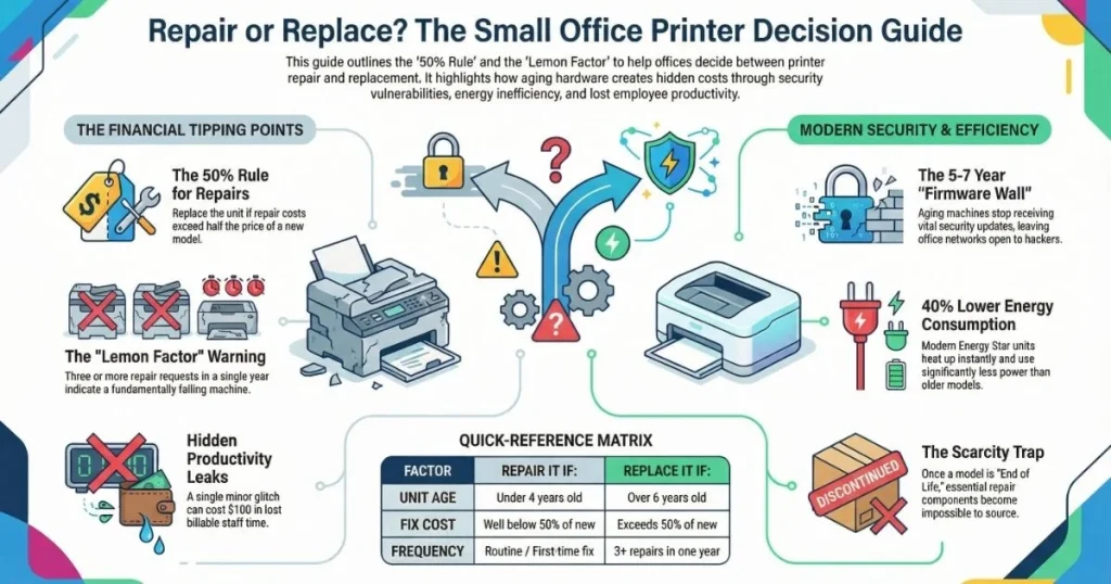 A financial tipping point matrix for Printer Repair in Baltimore businesses , highlighting the scarcity trap and firmware security barriers.