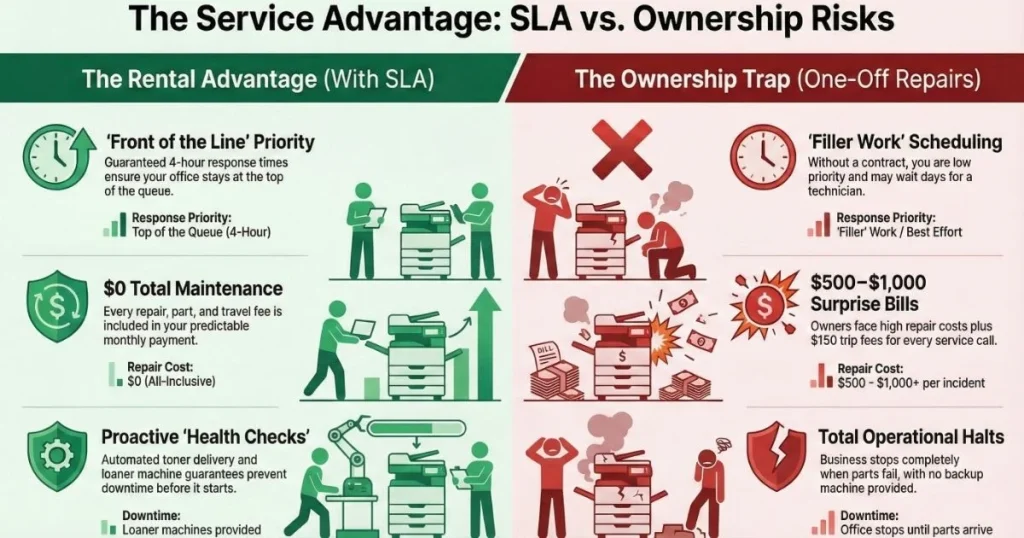 Comparison chart for Baltimore offices showing rental benefits like 4-hour response times versus ownership risks like $1,000 surprise repair bills.