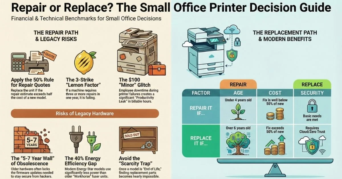 Visual guide for Baltimore offices deciding on Printer Repair, featuring the 50% rule , 3-strike lemon factor , and legacy hardware risks.
