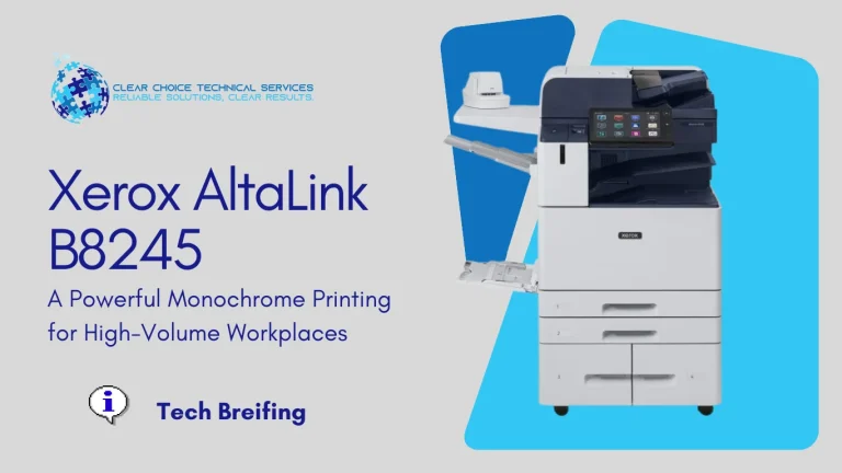 Xerox AltaLink B8245 black-and-white multifunction printer with high-capacity tandem tray and customizable touchscreen in Baltimore, MD 21202.