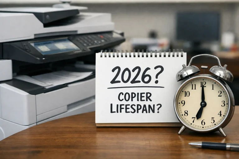A desktop calendar and alarm clock next to an office copier questioning average machine lifespan for Baltimore businesses in 2026.