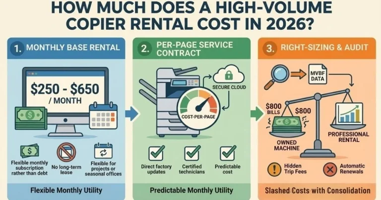 Infographic showing a Baltimore Copier Rental Cost between $250 and $650 per month, featuring flexible monthly subscriptions and no long-term debt.