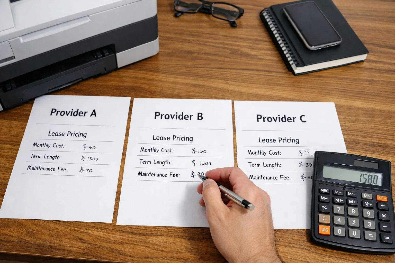 A business professional in Baltimore comparing copier lease pricing quotes from three different providers with a calculator and office hardware.