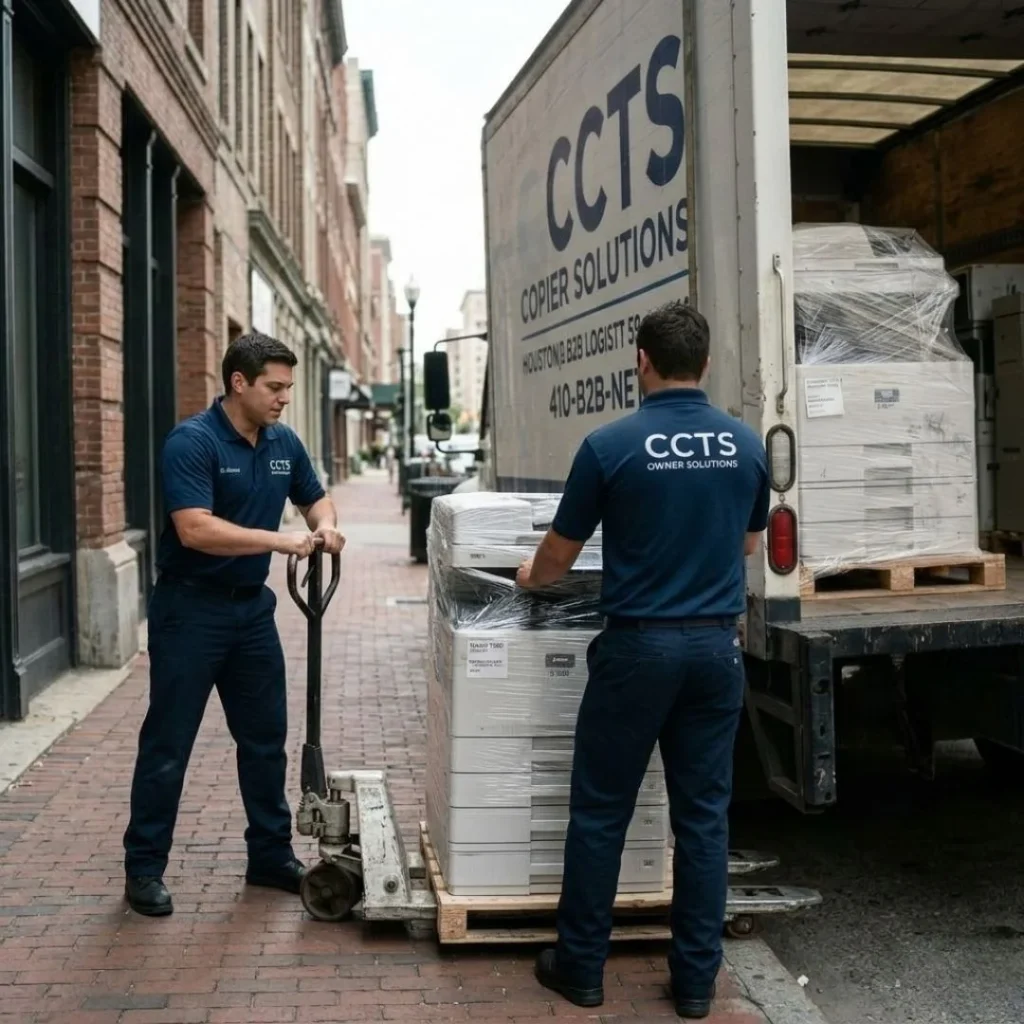 Professional logistics team unloading a fleet of rented office copiers from a CCCTS delivery truck on a Baltimore city street.
