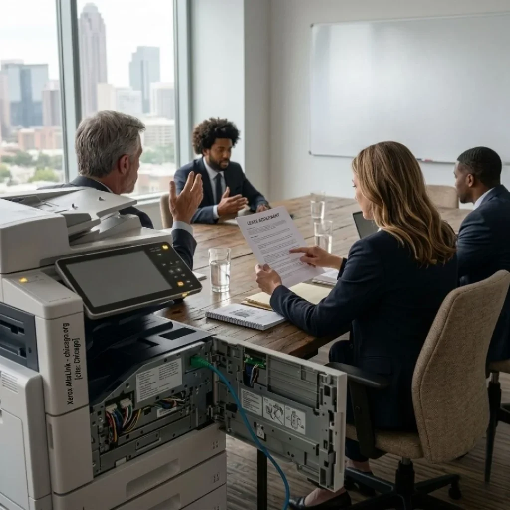 Business professionals reviewing a Xerox AltaLink copier rental agreement in a high-rise office overlooking Baltimore.