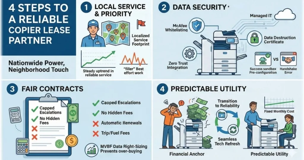 Comparison chart for a Reliable Copier Lease in Baltimore, showcasing 4-hour response times, McAfee whitelisting, and no hidden service fees.