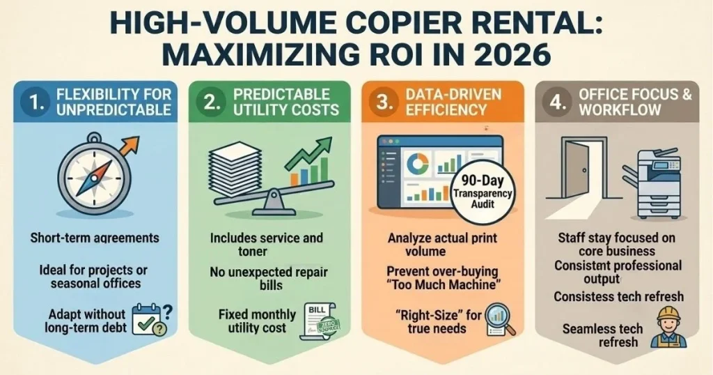 Four-step guide to maximizing ROI and managing Copier Rental Cost in Baltimore through 90-day transparency audits and data-driven efficiency.