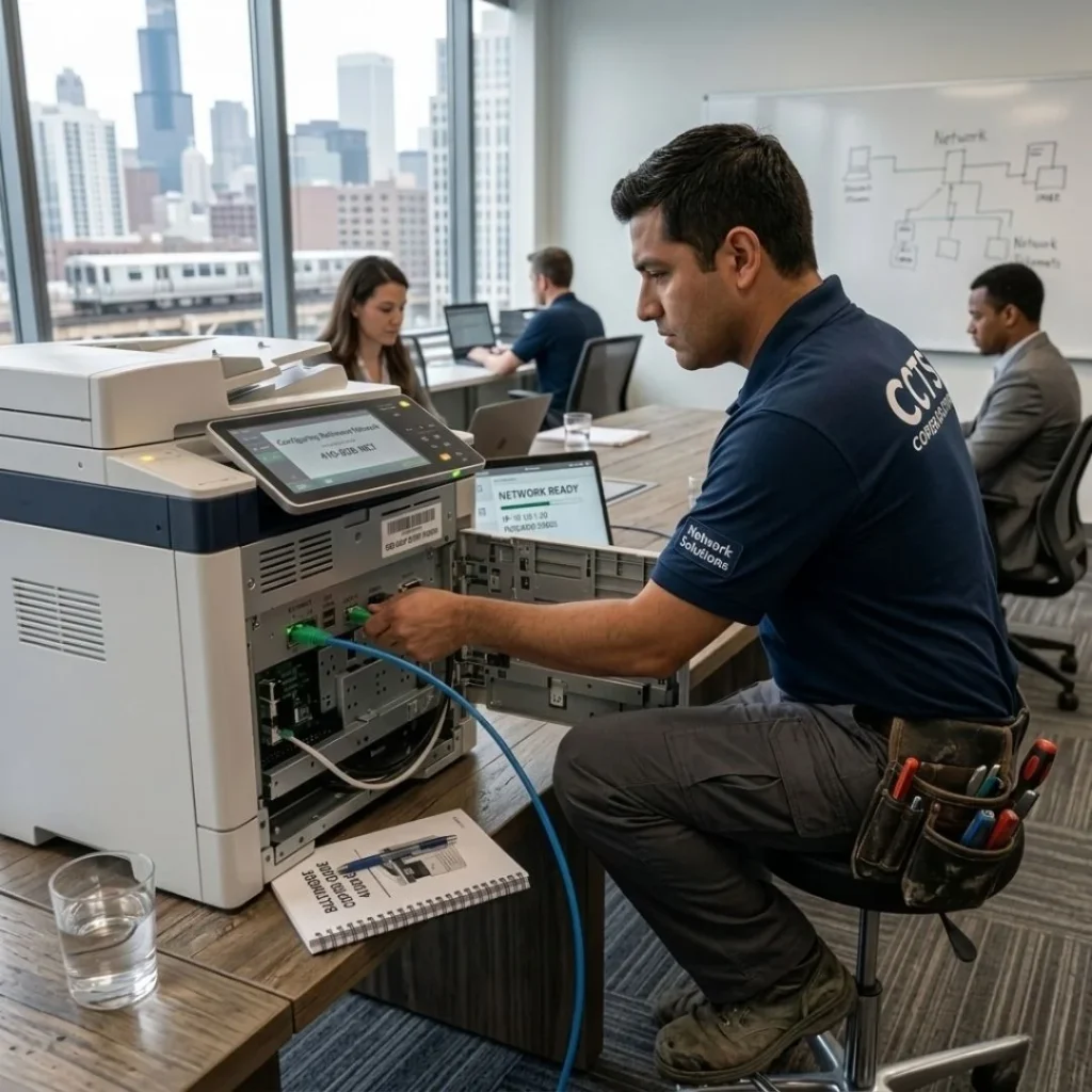 A specialized CCTS technician performing a secure network IP configuration for a copier rental in a Baltimore tech office.
