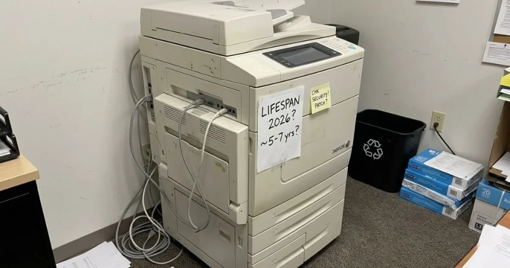 An older Xerox copier in a Baltimore office corner with a handwritten note regarding its 2026 lifespan and security patch requirements.
