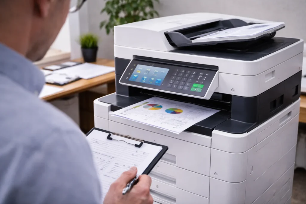 An office worker in Baltimore reviewing high-quality color charts from enterprise-grade multifunction copiers.