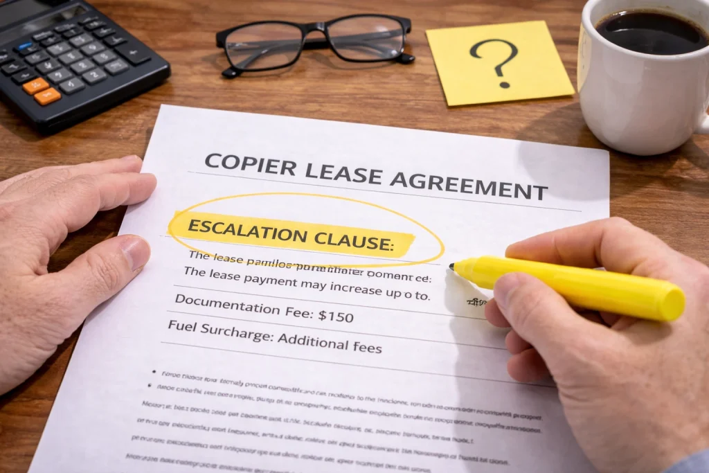 Hand highlighting a clause in a Baltimore Copier Lease Agreement to ensure all terms are understood.