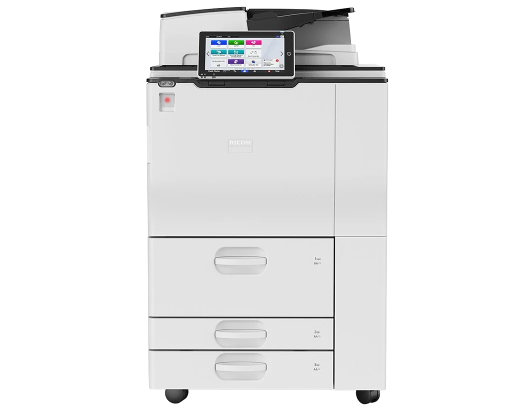 A high-capacity Ricoh multi-function printer available for lease and short-term rental in a Baltimore corporate office.