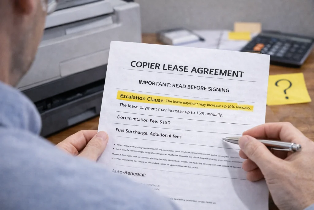 Person reviewing the "Important: Read Before Signing" section of Baltimore Copier Lease Agreements.